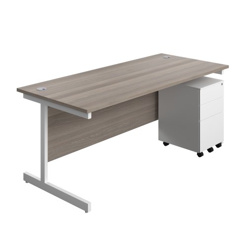 Single Upright Rectangular Desk + Under Desk Steel Pedestal 3 Drawers (FSC) 1800 X 800 Grey Oak/White