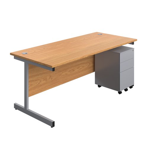 Single Upright Rectangular Desk + Under Desk Steel Pedestal 3 Drawers (FSC) 1800 X 800 Nova Oak/Silver