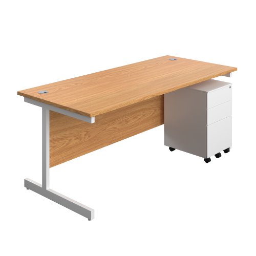 Single Upright Rectangular Desk + Under Desk Steel Pedestal 3 Drawers (FSC) 1800 X 800 Nova Oak/White