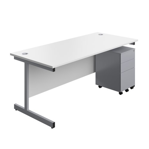 Single Upright Rectangular Desk + Under Desk Steel Pedestal 3 Drawers (FSC) 1800 X 800 White/Silver