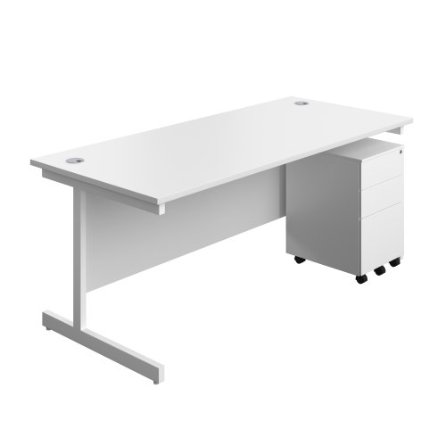 Single Upright Rectangular Desk + Under Desk Steel Pedestal 3 Drawers (FSC) 1800 X 800 White/White