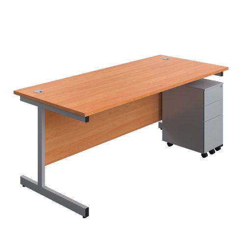 Single Upright Rectangular Desk + Slimline Steel Pedestal 3 Drawers (FSC) 1800 X 800 Beech/Silver