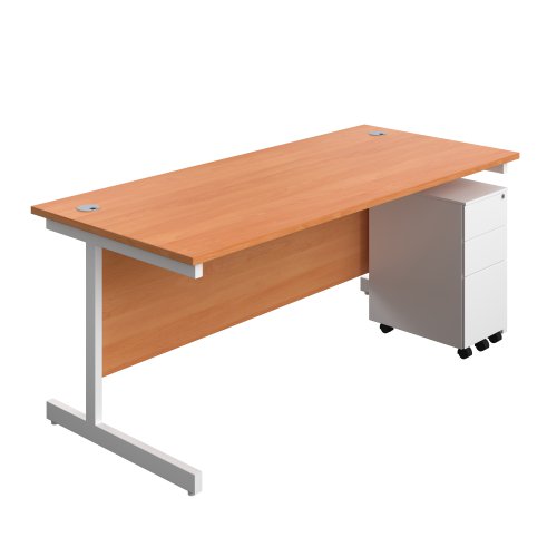 Single Upright Rectangular Desk + Slimline Steel Pedestal 3 Drawers (FSC) 1800 X 800 Beech/White
