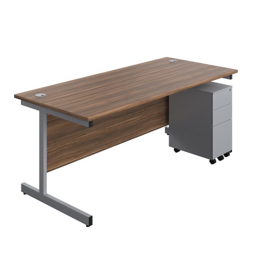 Single Upright Rectangular Desk + Slimline Steel Pedestal 3 Drawers (FSC) 1800 X 800 Dark Walnut/Silver