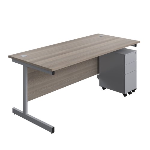 Single Upright Rectangular Desk + Slimline Steel Pedestal 3 Drawers (FSC) 1800 X 800 Grey Oak/Silver