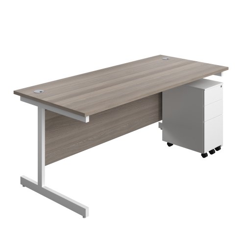 Single Upright Rectangular Desk + Slimline Steel Pedestal 3 Drawers (FSC) 1800 X 800 Grey Oak/White