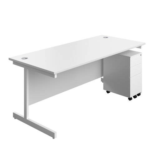 Single Upright Rectangular Desk + Slimline Steel Pedestal 3 Drawers (FSC) 1800 X 800 White/White