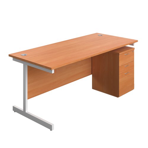 Single Upright Rectangular Desk + High Mobile Pedestal 3 Drawer (FSC) 1800 X 800 Beech/White