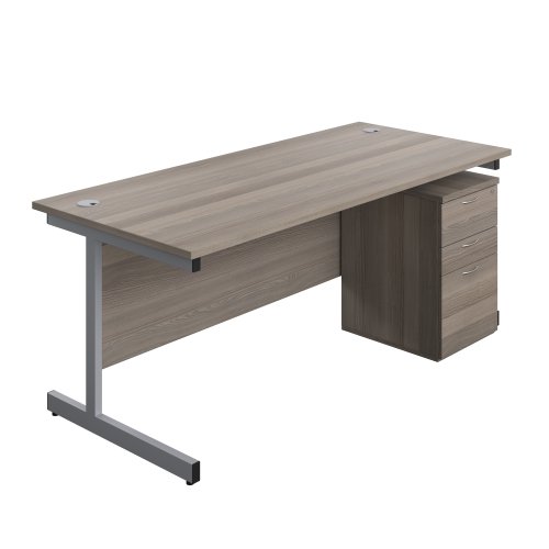 Single Upright Rectangular Desk + High Mobile Pedestal 3 Drawer (FSC) 1800 X 800 Grey Oak/Silver