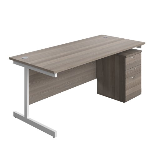 Single Upright Rectangular Desk + High Mobile Pedestal 3 Drawer (FSC) 1800 X 800 Grey Oak/White