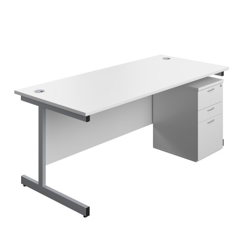 Single Upright Rectangular Desk + High Mobile Pedestal 3 Drawer (FSC) 1800 X 800 White/Silver