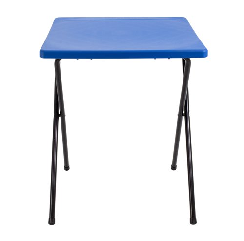 KF78652 | This Titan Exam Desk has an easy fold frame and is ideal for convenient transportation and storage. The blue polypropylene top has a moulded pen groove and is sloped for improved ergonomics. Metal clips and a strong black frame keep the desktop secure and stable when in use. Suitable for wheelchair access. The desk measures 600x600x710mm. Pack contains one exam desk.