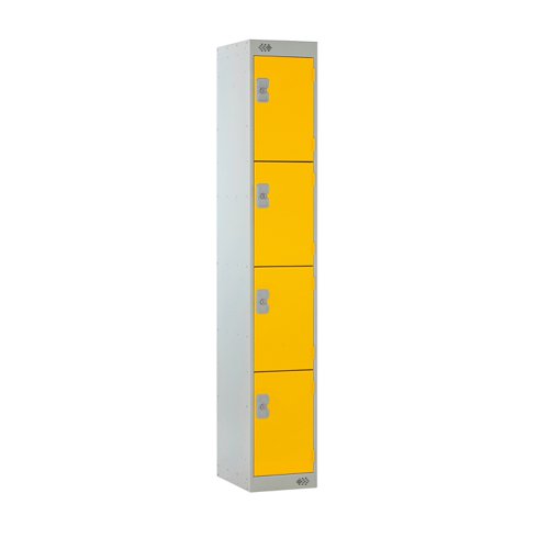 TC4DRLK30YE | The 4 Door Locker with yellow doors is a space efficient storage solution with a splash of vibrant colour. Made from durable, powder-coated steel, with individual deadlocks for each compartment.