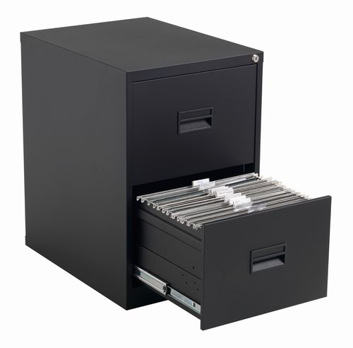 TCS2FC-BK | The TC Steel 2 Drawer Filing Cabinet is the perfect solution for your office storage needs. Made from high-quality steel, this 2 drawer filing cabinet is built to last. With 100% drawer extension, you can easily access all your files and documents. The anti-tilt feature ensures that the cabinet stays stable and prevents accidents. The cabinet fits A4 side to side with a filing bar and foolscap side to side, making it versatile for all your filing needs. The sleek design and durable construction make this filing cabinet a great addition to any office. Get organized and stay productive with the TC Steel 2 Drawer Filing Cabinet.