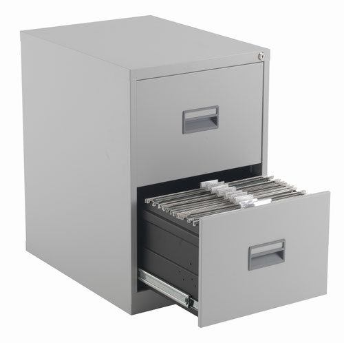 TCS2FC-GR | The TC Steel 2 Drawer Filing Cabinet is the perfect solution for your office storage needs. Made from high-quality steel, this 2 drawer filing cabinet is built to last. With 100% drawer extension, you can easily access all your files and documents. The anti-tilt feature ensures that the cabinet stays stable and prevents accidents. The cabinet fits A4 side to side with a filing bar and foolscap side to side, making it versatile for all your filing needs. The sleek design and durable construction make this filing cabinet a great addition to any office. Get organized and stay productive with the TC Steel 2 Drawer Filing Cabinet.