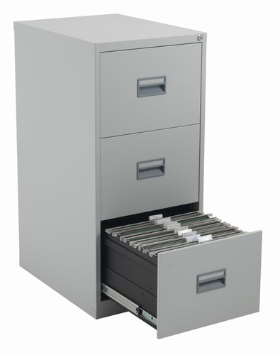 The TC Steel 3 Drawer Filing Cabinet is the perfect solution for your office storage needs. Made from high-quality steel, this 3 drawer steel filing cabinet is built to last. With 100% drawer extension, you can easily access all your files and documents. The anti-tilt feature ensures that the cabinet stays stable and prevents accidents. The cabinet fits A4 side to side with filing bar and foolscap side to side, making it versatile and accommodating to your filing needs. With its sleek design and durable construction, the TC Steel 3 Drawer Filing Cabinet is a must-have for any office.
