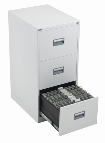 TCS3FC-WH | The TC Steel 3 Drawer Filing Cabinet is the perfect solution for your office storage needs. Made from high-quality steel, this 3 drawer steel filing cabinet is built to last. With 100% drawer extension, you can easily access all your files and documents. The anti-tilt feature ensures that the cabinet stays stable and prevents accidents. The cabinet fits A4 side to side with filing bar and foolscap side to side, making it versatile and accommodating to your filing needs. With its sleek design and durable construction, the TC Steel 3 Drawer Filing Cabinet is a must-have for any office.