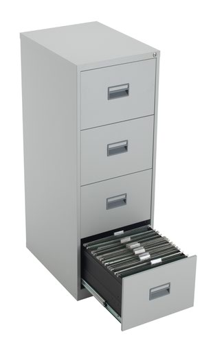 TCS4FC-GR | The TC Steel 4 Drawer Filing Cabinet is the perfect solution for your office storage needs. Made from high-quality steel, this 4 drawer steel filing cabinet is built to last. With 100% drawer extension, you can easily access all your files and documents. The anti-tilt feature ensures that the cabinet stays stable and prevents accidents. The cabinet fits A4 side to side with filing bar and foolscap side to side, making it versatile and accommodating to your filing needs. With its sleek design and durable construction, the TC Steel 4 Drawer Filing Cabinet is a must-have for any office.