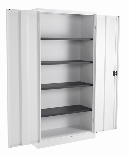 TCSDDC1790WH | The TC Steel Double Door Cupboard is the perfect solution for those looking for a durable and secure storage option for their office space. Made from high-quality steel, this tambour office unit provides an alternative to traditional wooden storage options. The lockable side-opening shutter doors ensure that your items are safe and secure, while the ability to mix flat shelves and suspension frames together allows for customizable storage options. Available in a variety of colour options, this cupboard provides ample storage space for a neat and tidy workspace. Say goodbye to cluttered desks and hello to a more organized office with the TC Steel Double Door Cupboard.