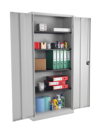 TCSDDC1950GR | The TC Steel Double Door Cupboard is the perfect solution for those looking for a durable and secure storage option for their office space. Made from high-quality steel, this tambour office unit provides an alternative to traditional wooden storage options. The lockable side-opening shutter doors ensure that your items are safe and secure, while the ability to mix flat shelves and suspension frames together allows for customizable storage options. Available in a variety of colour options, this cupboard provides ample storage space for a neat and tidy workspace. Say goodbye to cluttered desks and hello to a more organized office with the TC Steel Double Door Cupboard.