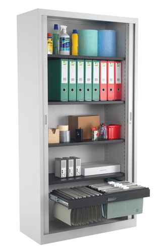 TCSOT1950GR | The TC Steel Open Tambour is the perfect solution for those looking for a durable and stylish storage unit for their office. Made from high-quality steel, this open tambour provides an alternative to traditional wooden storage units. With the ability to mix flat shelves and suspension frames together, you can customize the unit to fit your specific needs. Available in a variety of colour options, this unit is sure to complement any office decor. Not only does it look great, but it also provides ample storage space for a neat and tidy workspace. Say goodbye to cluttered desks and hello to a more organized office with the TC Steel Open Tambour.