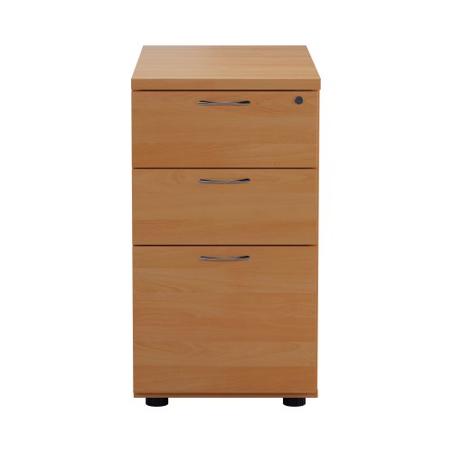 TESDHP3/800BE2 | The Essentials Desk High 3 Drawer Pedestal is the perfect solution for your office storage needs. This three drawer filing cabinet is designed to fit perfectly under your desk, providing easy access to your files and documents. The desk high pedestal is lockable, ensuring the safety and security of your important files. Made from sturdy and longwearing wooden materials, this suspension filing cabinet is built to last. With its sleek and modern design, it will complement any office decor. The Essentials Desk High 3 Drawer Pedestal is a must-have for any office looking to maximize their storage space while maintaining a professional and organised workspace.