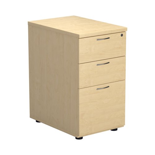 TESDHP3/800MA | The Essentials Desk High 3 Drawer Pedestal is the perfect solution for your office storage needs. This three drawer filing cabinet is designed to fit perfectly under your desk, providing easy access to your files and documents. The desk high pedestal is lockable, ensuring the safety and security of your important files. Made from sturdy and longwearing wooden materials, this suspension filing cabinet is built to last. With its sleek and modern design, it will complement any office decor. The Essentials Desk High 3 Drawer Pedestal is a must-have for any office looking to maximize their storage space while maintaining a professional and organised workspace.