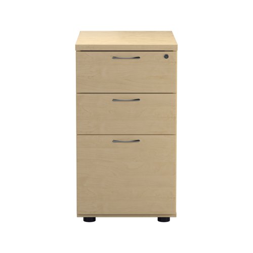 TESDHP3/800MA | The Essentials Desk High 3 Drawer Pedestal is the perfect solution for your office storage needs. This three drawer filing cabinet is designed to fit perfectly under your desk, providing easy access to your files and documents. The desk high pedestal is lockable, ensuring the safety and security of your important files. Made from sturdy and longwearing wooden materials, this suspension filing cabinet is built to last. With its sleek and modern design, it will complement any office decor. The Essentials Desk High 3 Drawer Pedestal is a must-have for any office looking to maximize their storage space while maintaining a professional and organised workspace.