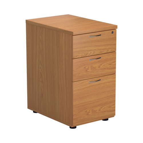 TESDHP3/800NO | The Essentials Desk High 3 Drawer Pedestal is the perfect solution for your office storage needs. This three drawer filing cabinet is designed to fit perfectly under your desk, providing easy access to your files and documents. The desk high pedestal is lockable, ensuring the safety and security of your important files. Made from sturdy and longwearing wooden materials, this suspension filing cabinet is built to last. With its sleek and modern design, it will complement any office decor. The Essentials Desk High 3 Drawer Pedestal is a must-have for any office looking to maximize their storage space while maintaining a professional and organised workspace.