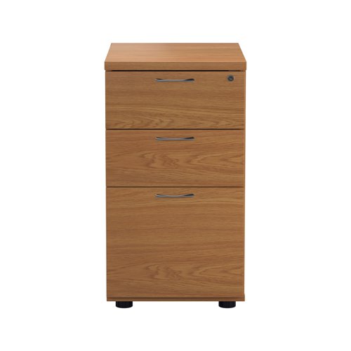 TESDHP3/800NO | The Essentials Desk High 3 Drawer Pedestal is the perfect solution for your office storage needs. This three drawer filing cabinet is designed to fit perfectly under your desk, providing easy access to your files and documents. The desk high pedestal is lockable, ensuring the safety and security of your important files. Made from sturdy and longwearing wooden materials, this suspension filing cabinet is built to last. With its sleek and modern design, it will complement any office decor. The Essentials Desk High 3 Drawer Pedestal is a must-have for any office looking to maximize their storage space while maintaining a professional and organised workspace.