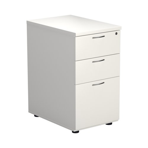 TESDHP3/800WH | The Essentials Desk High 3 Drawer Pedestal is the perfect solution for your office storage needs. This three drawer filing cabinet is designed to fit perfectly under your desk, providing easy access to your files and documents. The desk high pedestal is lockable, ensuring the safety and security of your important files. Made from sturdy and longwearing wooden materials, this suspension filing cabinet is built to last. With its sleek and modern design, it will complement any office decor. The Essentials Desk High 3 Drawer Pedestal is a must-have for any office looking to maximize their storage space while maintaining a professional and organised workspace.