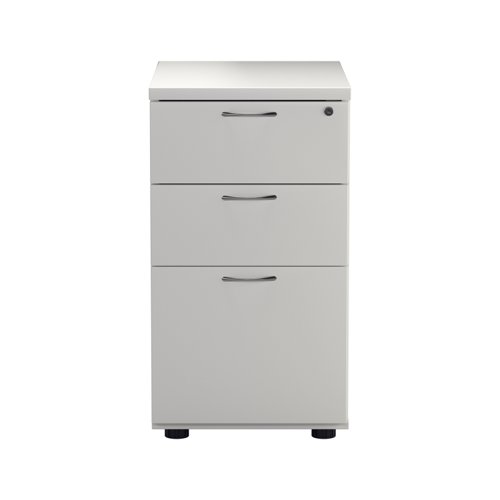 TESDHP3/800WH | The Essentials Desk High 3 Drawer Pedestal is the perfect solution for your office storage needs. This three drawer filing cabinet is designed to fit perfectly under your desk, providing easy access to your files and documents. The desk high pedestal is lockable, ensuring the safety and security of your important files. Made from sturdy and longwearing wooden materials, this suspension filing cabinet is built to last. With its sleek and modern design, it will complement any office decor. The Essentials Desk High 3 Drawer Pedestal is a must-have for any office looking to maximize their storage space while maintaining a professional and organised workspace.