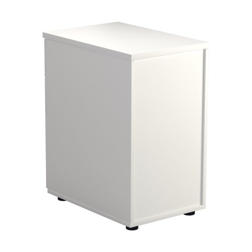 TESDHP3/800WH | The Essentials Desk High 3 Drawer Pedestal is the perfect solution for your office storage needs. This three drawer filing cabinet is designed to fit perfectly under your desk, providing easy access to your files and documents. The desk high pedestal is lockable, ensuring the safety and security of your important files. Made from sturdy and longwearing wooden materials, this suspension filing cabinet is built to last. With its sleek and modern design, it will complement any office decor. The Essentials Desk High 3 Drawer Pedestal is a must-have for any office looking to maximize their storage space while maintaining a professional and organised workspace.