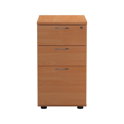 TESDHP3BE2 | The Essentials Desk High 3 Drawer Pedestal is the perfect solution for your office storage needs. This three drawer filing cabinet is designed to fit perfectly under your desk, providing easy access to your files and documents. The desk high pedestal is lockable, ensuring the safety and security of your important files. Made from sturdy and longwearing wooden materials, this suspension filing cabinet is built to last. With its sleek and modern design, it will complement any office decor. The Essentials Desk High 3 Drawer Pedestal is a must-have for any office looking to maximize their storage space while maintaining a professional and organised workspace.