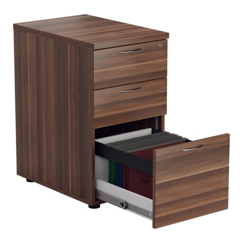 TESDHP3DW | The Essentials Desk High 3 Drawer Pedestal is the perfect solution for your office storage needs. This three drawer filing cabinet is designed to fit perfectly under your desk, providing easy access to your files and documents. The desk high pedestal is lockable, ensuring the safety and security of your important files. Made from sturdy and longwearing wooden materials, this suspension filing cabinet is built to last. With its sleek and modern design, it will complement any office decor. The Essentials Desk High 3 Drawer Pedestal is a must-have for any office looking to maximize their storage space while maintaining a professional and organised workspace.