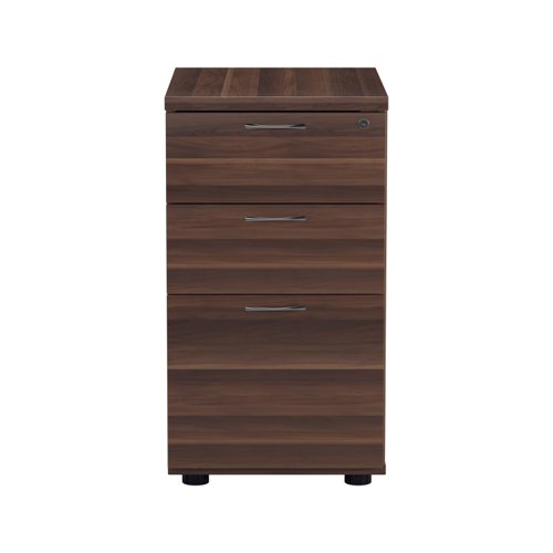 TESDHP3DW | The Essentials Desk High 3 Drawer Pedestal is the perfect solution for your office storage needs. This three drawer filing cabinet is designed to fit perfectly under your desk, providing easy access to your files and documents. The desk high pedestal is lockable, ensuring the safety and security of your important files. Made from sturdy and longwearing wooden materials, this suspension filing cabinet is built to last. With its sleek and modern design, it will complement any office decor. The Essentials Desk High 3 Drawer Pedestal is a must-have for any office looking to maximize their storage space while maintaining a professional and organised workspace.