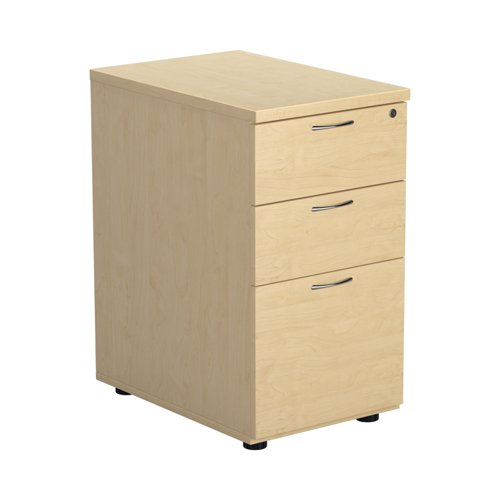 TESDHP3MA | The Essentials Desk High 3 Drawer Pedestal is the perfect solution for your office storage needs. This three drawer filing cabinet is designed to fit perfectly under your desk, providing easy access to your files and documents. The desk high pedestal is lockable, ensuring the safety and security of your important files. Made from sturdy and longwearing wooden materials, this suspension filing cabinet is built to last. With its sleek and modern design, it will complement any office decor. The Essentials Desk High 3 Drawer Pedestal is a must-have for any office looking to maximize their storage space while maintaining a professional and organised workspace.