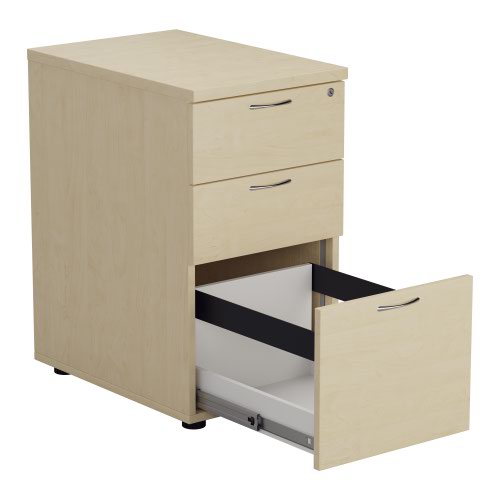 TESDHP3MA | The Essentials Desk High 3 Drawer Pedestal is the perfect solution for your office storage needs. This three drawer filing cabinet is designed to fit perfectly under your desk, providing easy access to your files and documents. The desk high pedestal is lockable, ensuring the safety and security of your important files. Made from sturdy and longwearing wooden materials, this suspension filing cabinet is built to last. With its sleek and modern design, it will complement any office decor. The Essentials Desk High 3 Drawer Pedestal is a must-have for any office looking to maximize their storage space while maintaining a professional and organised workspace.