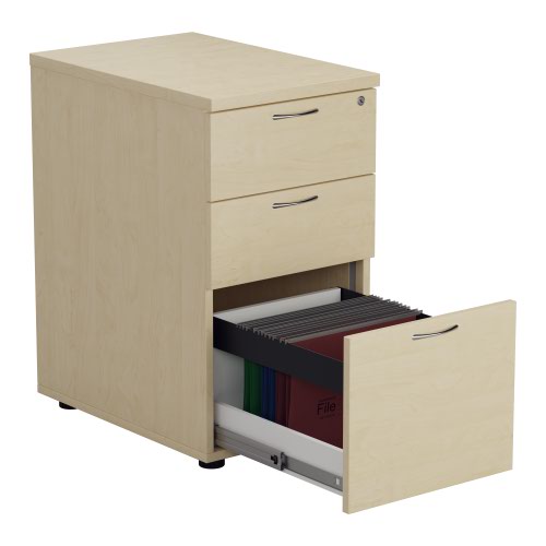 TESDHP3MA | The Essentials Desk High 3 Drawer Pedestal is the perfect solution for your office storage needs. This three drawer filing cabinet is designed to fit perfectly under your desk, providing easy access to your files and documents. The desk high pedestal is lockable, ensuring the safety and security of your important files. Made from sturdy and longwearing wooden materials, this suspension filing cabinet is built to last. With its sleek and modern design, it will complement any office decor. The Essentials Desk High 3 Drawer Pedestal is a must-have for any office looking to maximize their storage space while maintaining a professional and organised workspace.