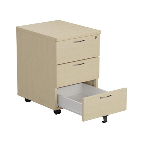 TESMP3MA | The Mobile Pedestal 3 Drawer is the perfect solution for underdesk organisation. With its 3 drawer wooden pedestal, it offers ample storage space for all your office essentials. It is available in various colour finishes, so you can choose the one that best suits your office decor. The castors allow for easy movement of pedestals, making it easy to rearrange your workspace. The metal handles attached to each drawer make it easy to open and close the drawers smoothly. This product is not only functional but also adds a touch of elegance to your workspace. Get your Mobile Pedestal 3 Drawer today and enjoy a clutter-free workspace!