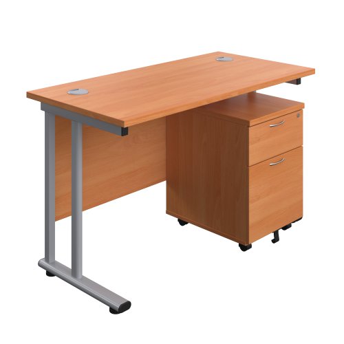 Twin Upright Rectangular Desk + Mobile 2 Drawer Pedestal (FSC) 1200X600 Beech/Silver