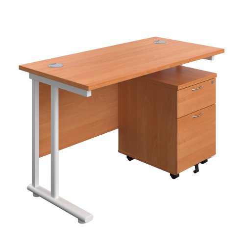 Twin Upright Rectangular Desk + Mobile 2 Drawer Pedestal (FSC) 1200X600 Beech/White