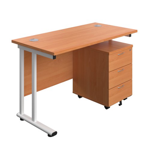 Twin Upright Rectangular Desk + Mobile 3 Drawer Pedestal (FSC) 1200X600 Beech/White