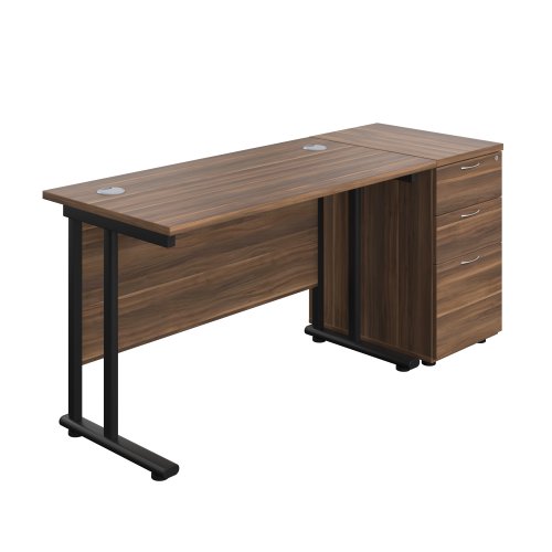 Twin Upright Rectangular Desk + Desk High 3 Drawer Pedestal (FSC) 1200X600 Dark Walnut/Black