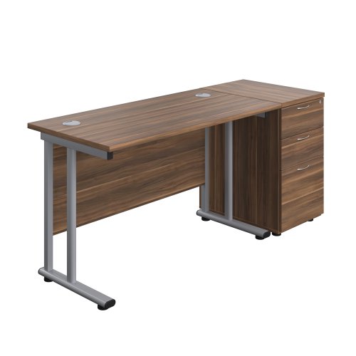 Twin Upright Rectangular Desk + Desk High 3 Drawer Pedestal (FSC) 1200X600 Dark Walnut/Silver