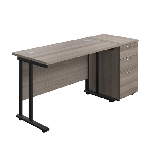 Twin Upright Rectangular Desk + Desk High 3 Drawer Pedestal (FSC) 1200X600 Grey Oak/Black