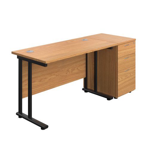 Twin Upright Rectangular Desk + Desk High 3 Drawer Pedestal (FSC) 1200X600 Nova Oak/Black