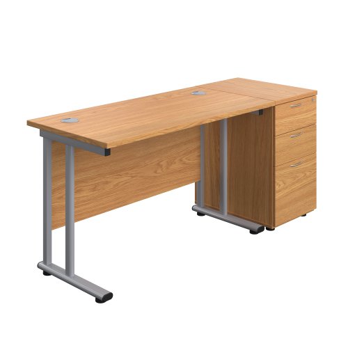 Twin Upright Rectangular Desk + Desk High 3 Drawer Pedestal (FSC) 1200X600 Nova Oak/Silver