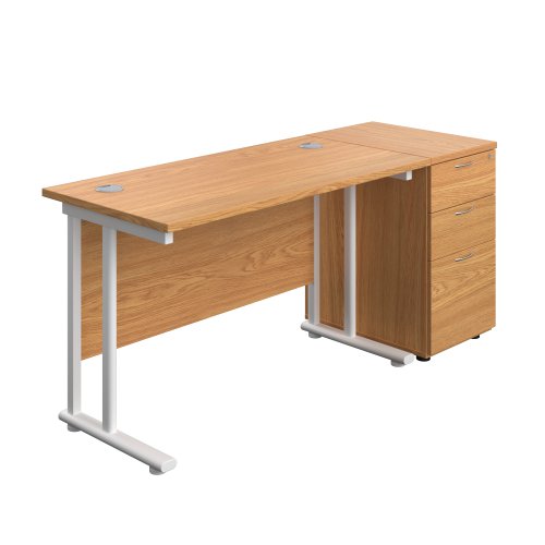 Twin Upright Rectangular Desk + Desk High 3 Drawer Pedestal (FSC) 1200X600 Nova Oak/White