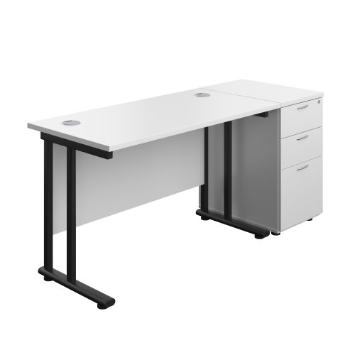 Twin Upright Rectangular Desk + Desk High 3 Drawer Pedestal (FSC) 1200X600 White/Black